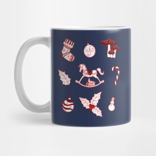 Christmas joyful illustrations of rocking horse, mushrooms, bear, snowman, Christmas stockings, candy cane, holly, gifts on a snow background. Mug